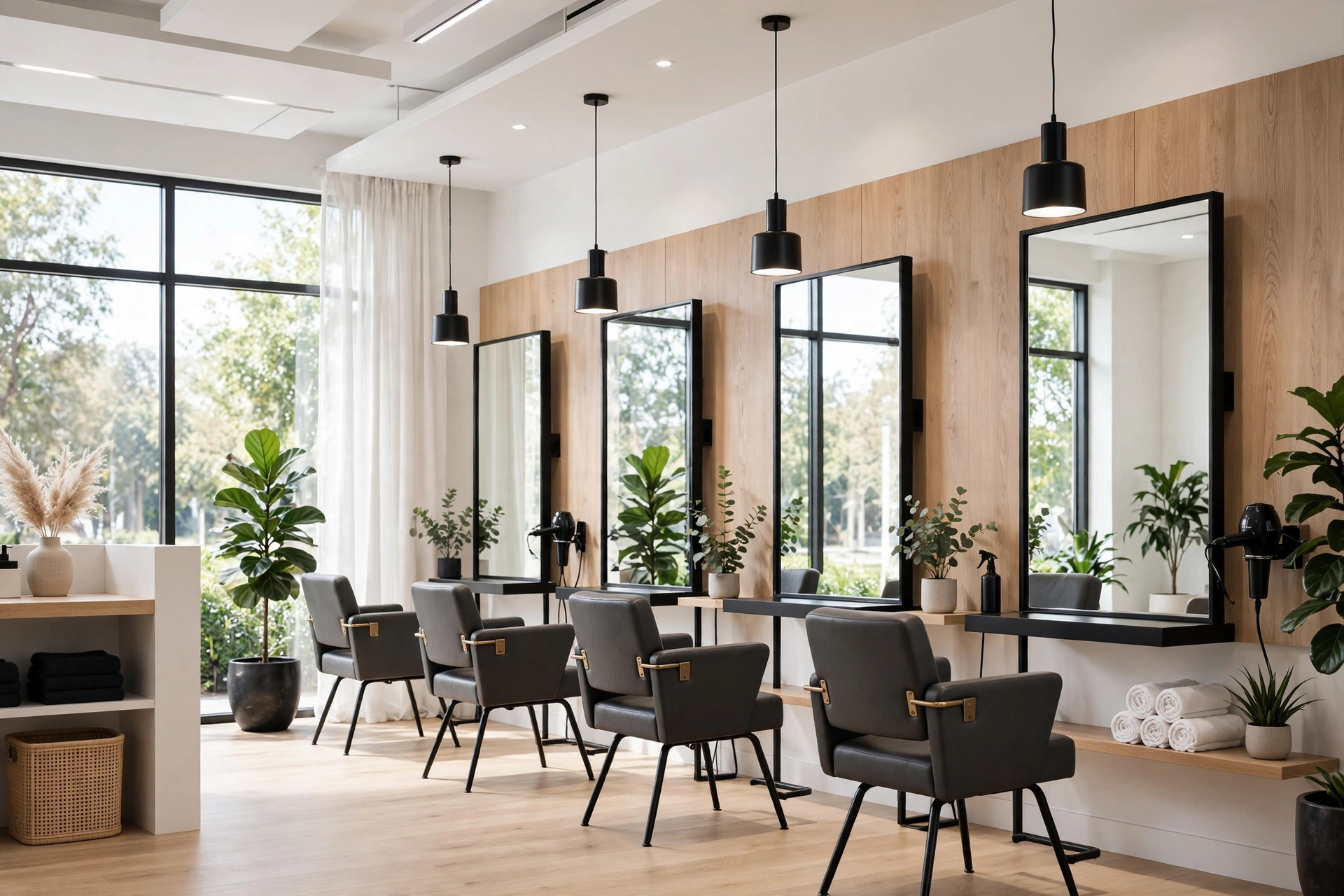 Modern salon interior with styling chairs and mirrors
